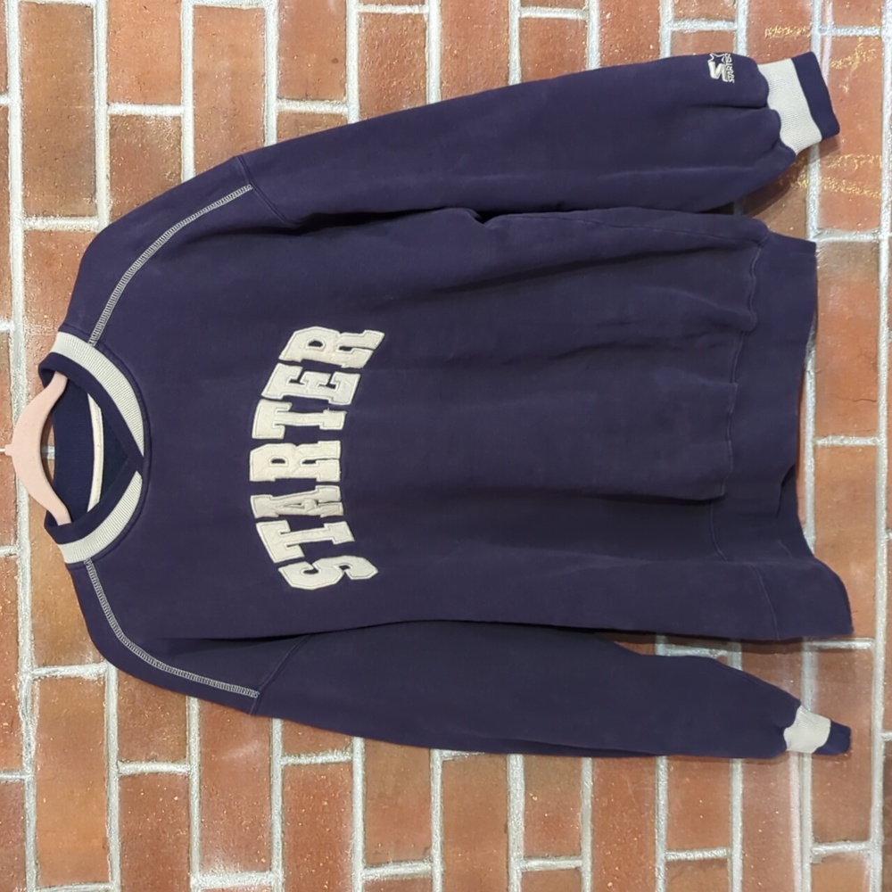 STARTER brand Varsity Patch Letters, Cross Collar Sweatshirt, Men's Purple XL